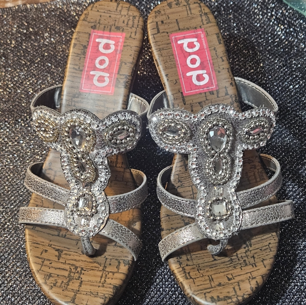 Pop Silver Embellished Cork Wedge Sandals 7.5
